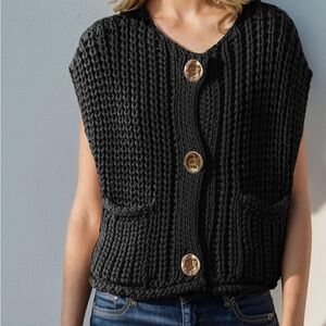 Black Chunky Knit Button-Up Sweater Vest